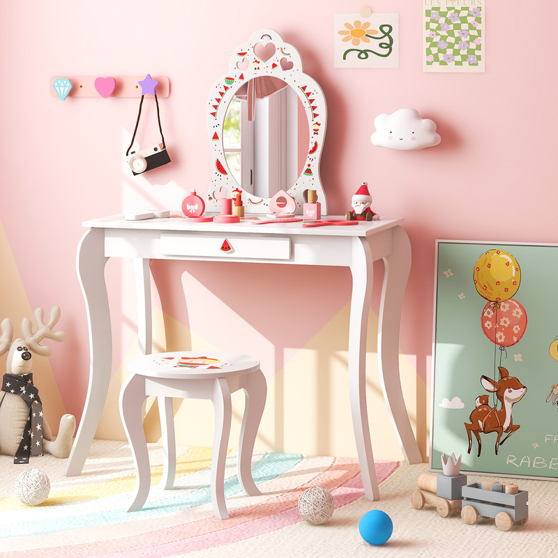 Girls 2 In 1 Kids Makeup Vanity Table Set With Removable Mirror And Stool Pretend Play Beauty Desk 1