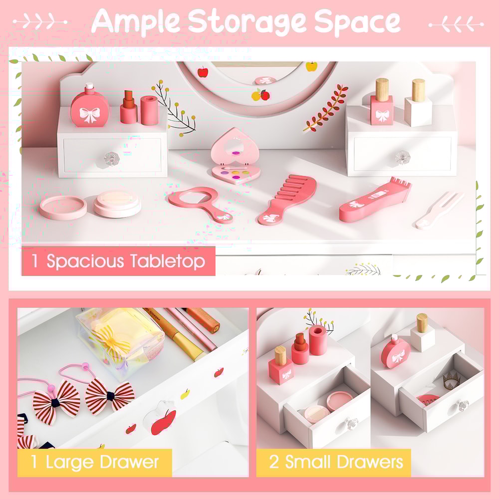 Childrens Vanity And Stool Set With 360 Mirror Whiteboard MultiPurpose Makeup And Study Table With 5