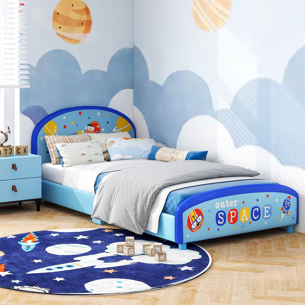 Wood Upholstered Twin Bed Platform With Slat Support Sturdy  Safe Kids Bed Frame 0