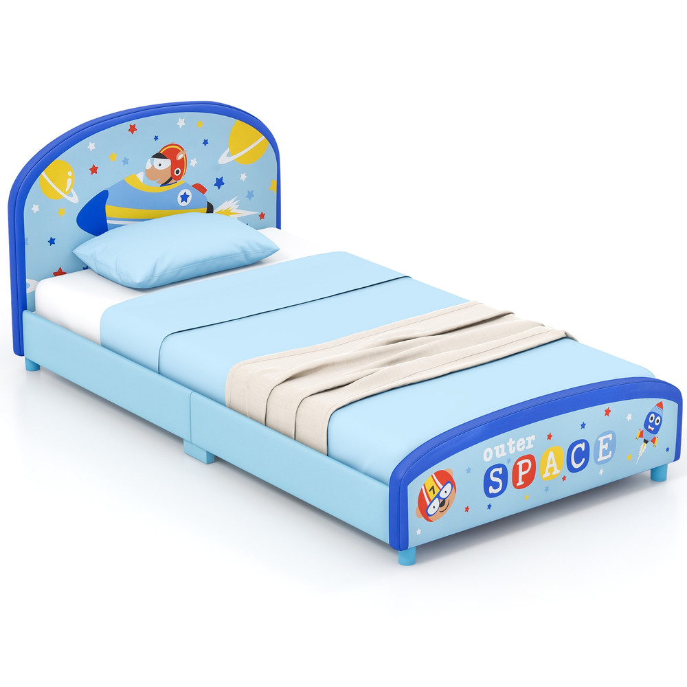 Wood Upholstered Twin Bed Platform With Slat Support Sturdy  Safe Kids Bed Frame 3