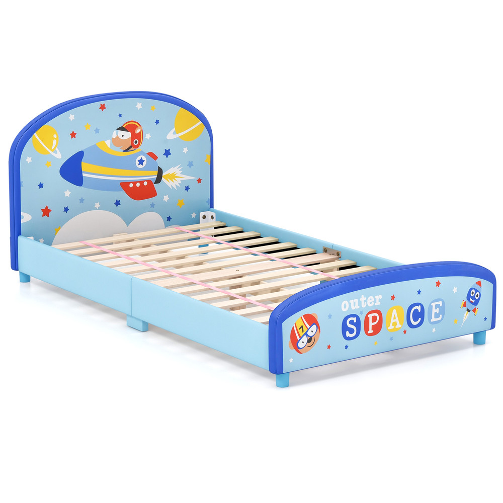 Wood Upholstered Twin Bed Platform With Slat Support Sturdy  Safe Kids Bed Frame 4