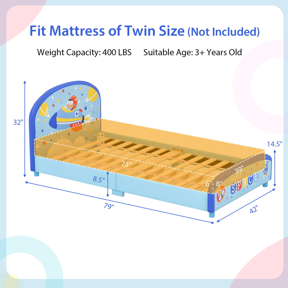 Wood Upholstered Twin Bed Platform With Slat Support Sturdy  Safe Kids Bed Frame 5