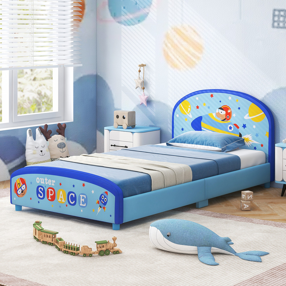 Wood Upholstered Twin Bed Platform With Slat Support Sturdy  Safe Kids Bed Frame 2
