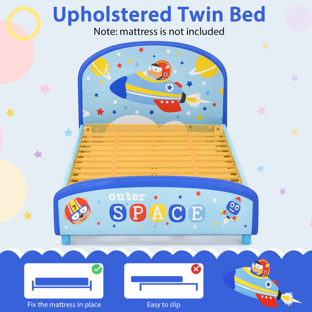 Wood Upholstered Twin Bed Platform With Slat Support Sturdy  Safe Kids Bed Frame 6