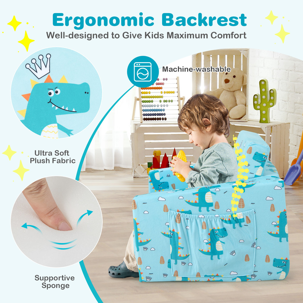 Kids Recliner Sofa Converts to Sleeper Bed for Boys & Girls, Plush Blue Dinosaur Design