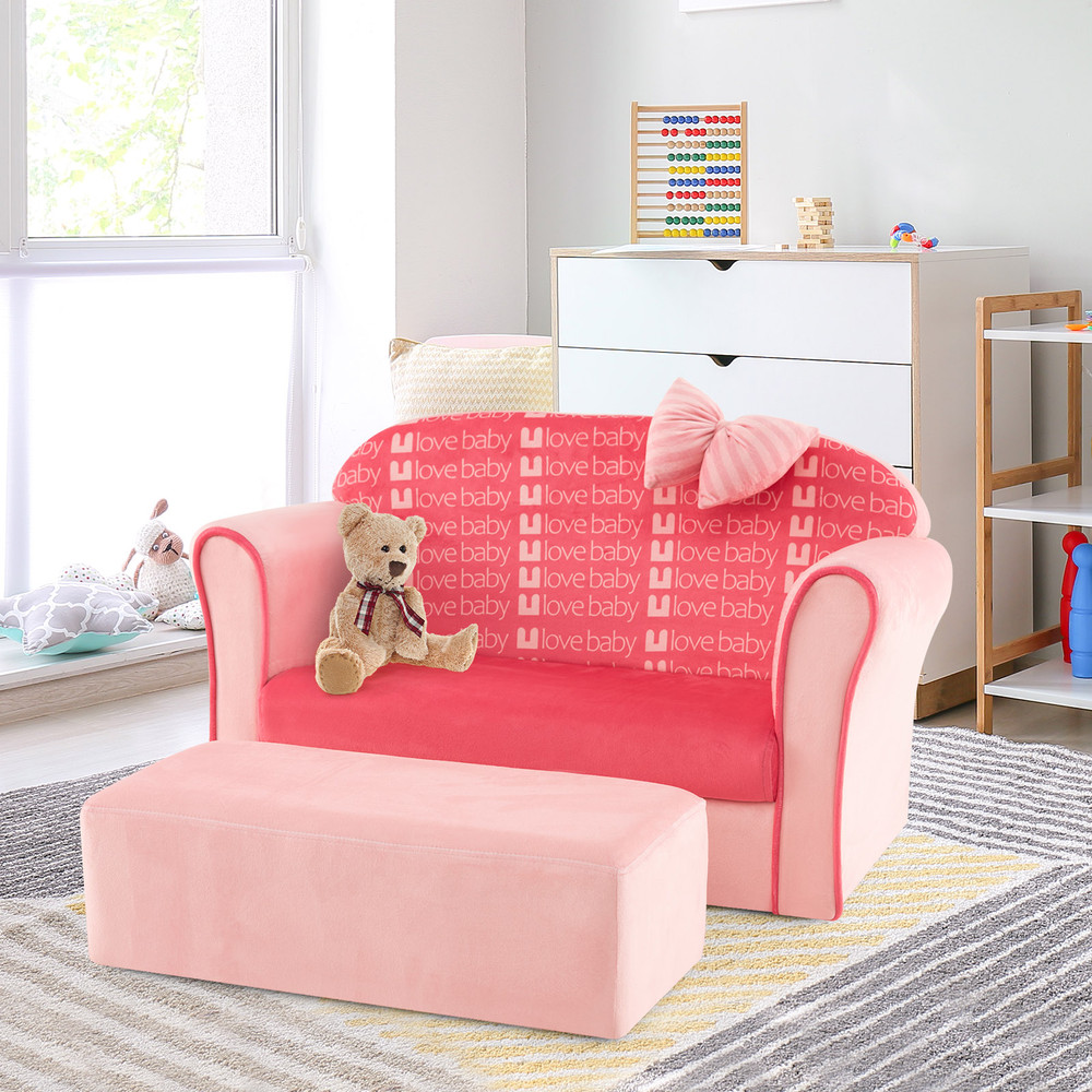 Ultra Soft Velvet Kids Sofa Chair, Toddler Couch with Ottoman for Ages 0-5
