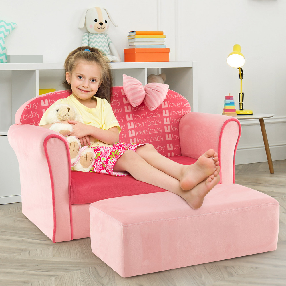 Ultra Soft Velvet Kids Sofa Chair, Toddler Couch with Ottoman for Ages 0-5