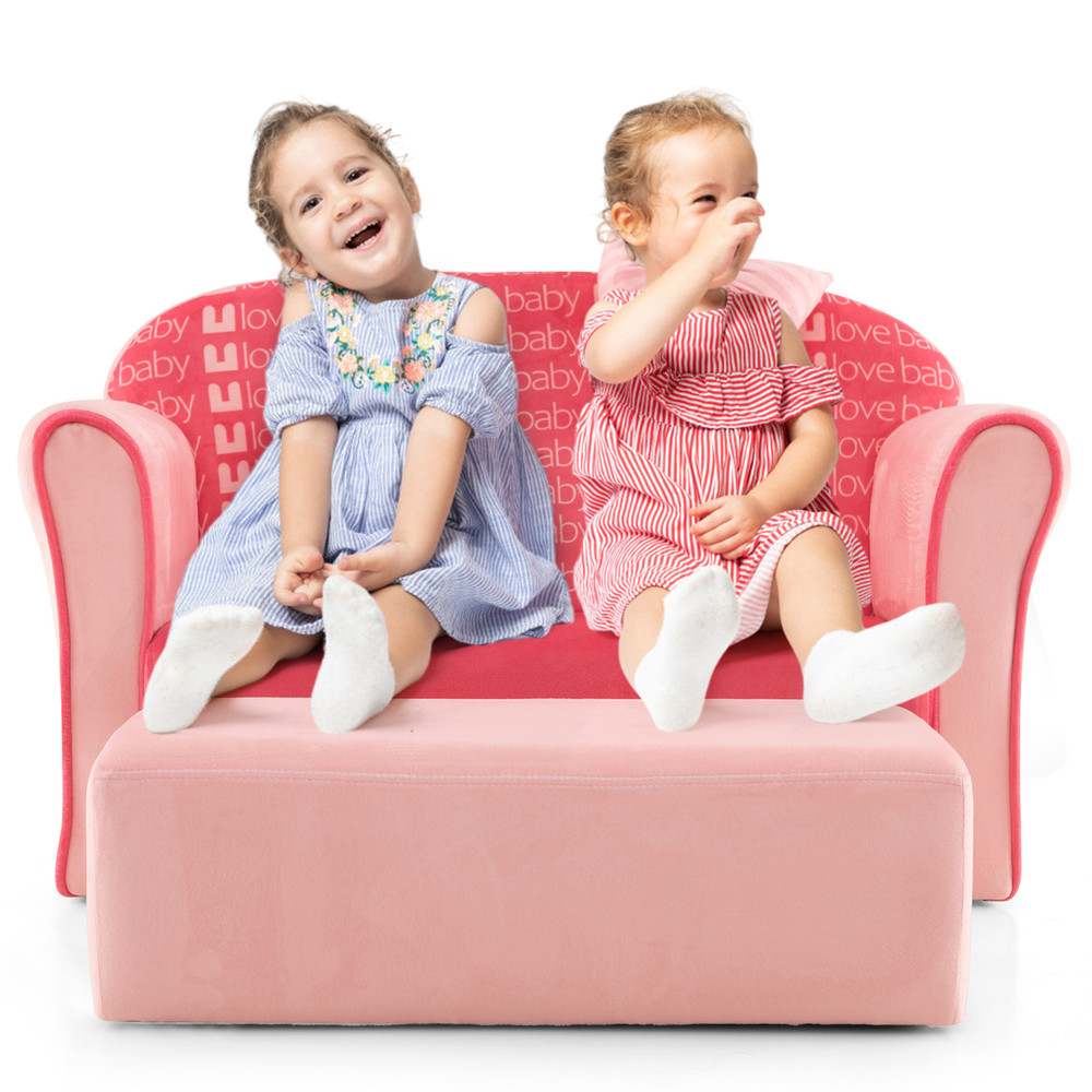 Ultra Soft Velvet Kids Sofa Chair, Toddler Couch with Ottoman for Ages 0-5