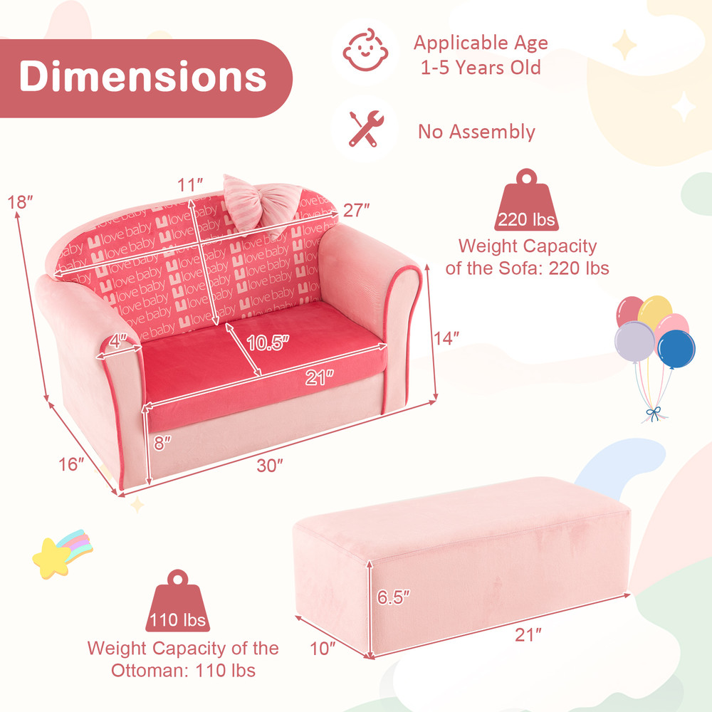 Ultra Soft Velvet Kids Sofa Chair, Toddler Couch with Ottoman for Ages 0-5
