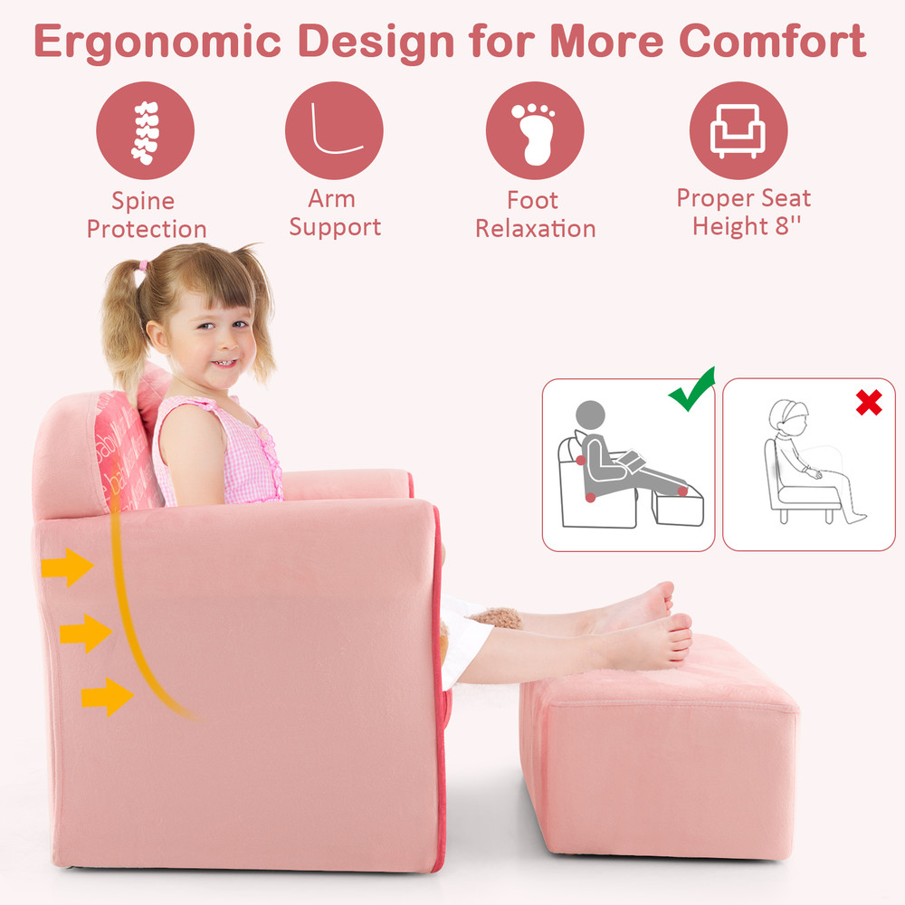 Ultra Soft Velvet Kids Sofa Chair, Toddler Couch with Ottoman for Ages 0-5