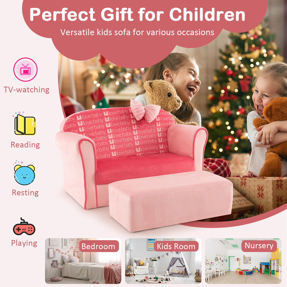 Ultra Soft Velvet Kids Sofa Chair, Toddler Couch with Ottoman for Ages 0-5