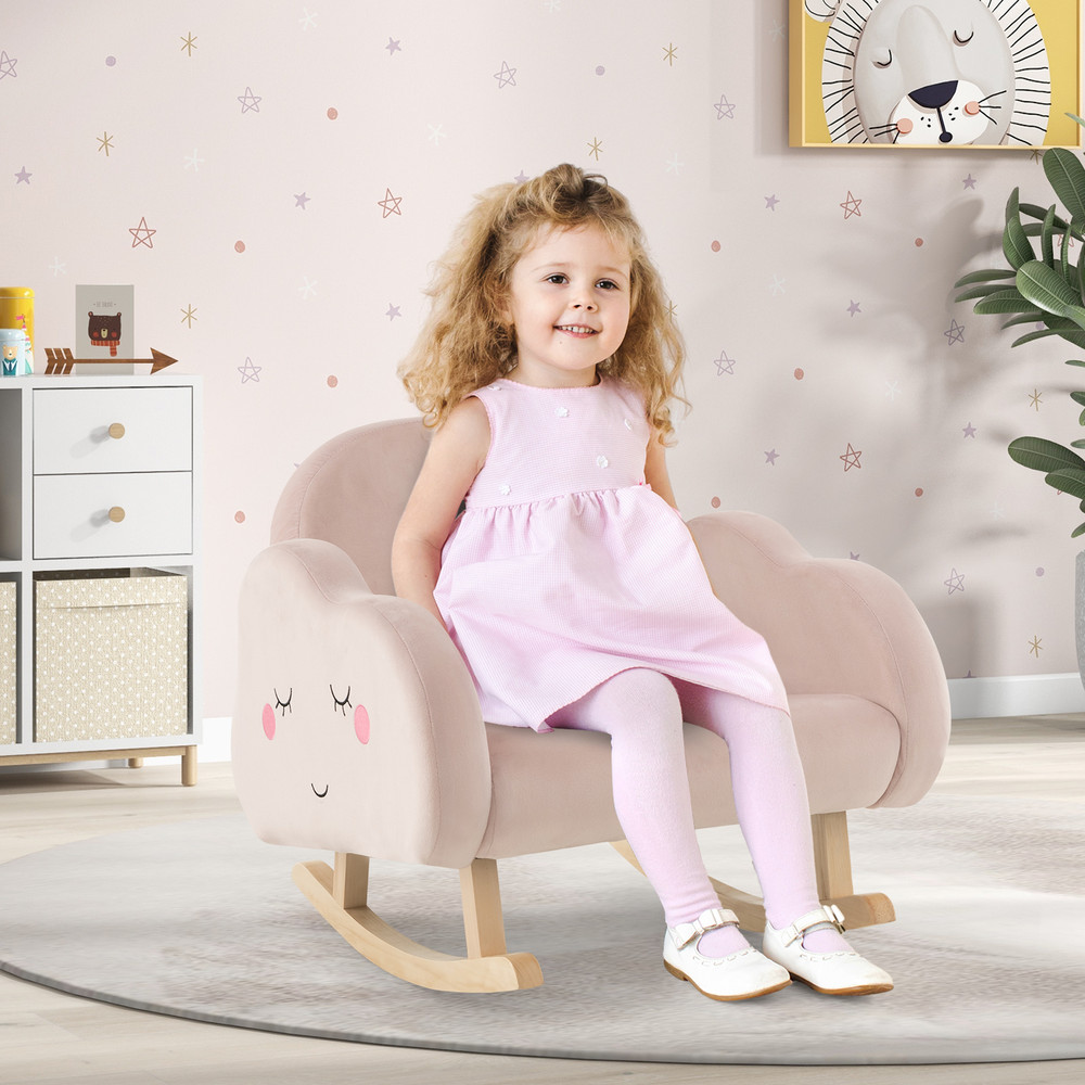 Pink Upholstered Toddler Rocker with Solid Wood Legs & Non-Slip Foot Pads, Ergonomic Kids Chair