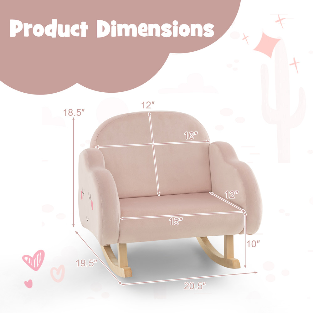 Pink Upholstered Toddler Rocker with Solid Wood Legs & Non-Slip Foot Pads, Ergonomic Kids Chair