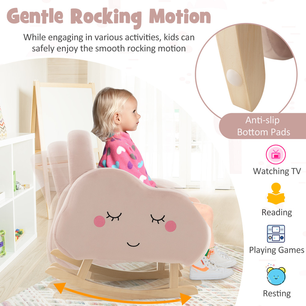 Pink Upholstered Toddler Rocker with Solid Wood Legs & Non-Slip Foot Pads, Ergonomic Kids Chair