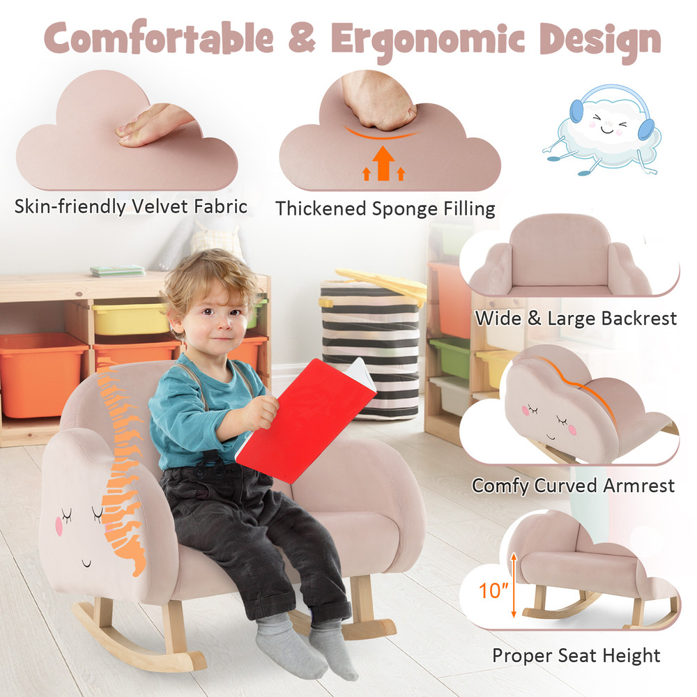 Pink Upholstered Toddler Rocker with Solid Wood Legs & Non-Slip Foot Pads, Ergonomic Kids Chair