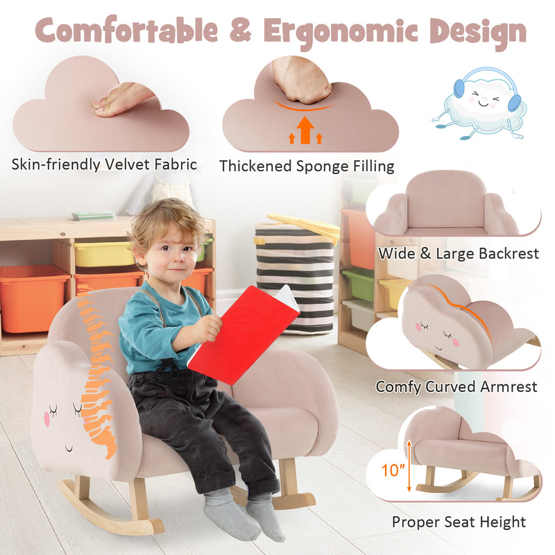 Pink Upholstered Toddler Rocker with Solid Wood Legs & Non-Slip Foot Pads, Ergonomic Kids Chair