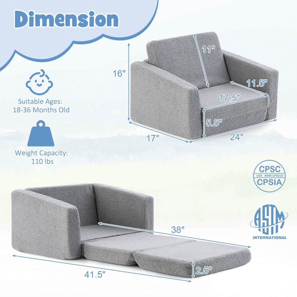 2-in-1 Toddler Fold Out Couch, Convertible Kids Sofa to Lounger with Washable Cover