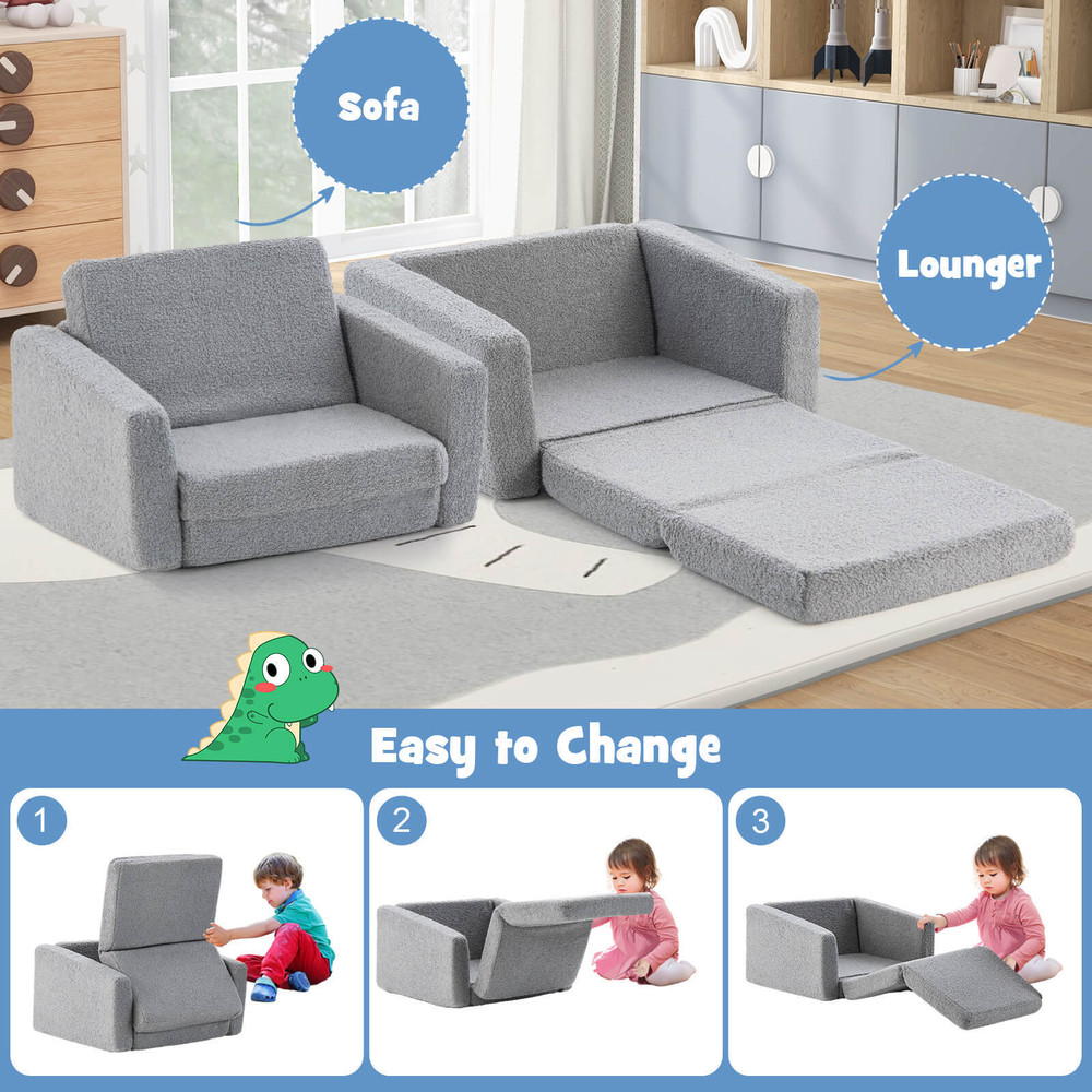2-in-1 Toddler Fold Out Couch, Convertible Kids Sofa to Lounger with Washable Cover
