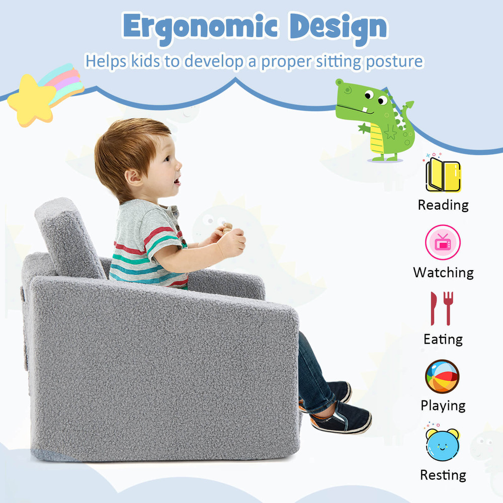 2-in-1 Toddler Fold Out Couch, Convertible Kids Sofa to Lounger with Washable Cover