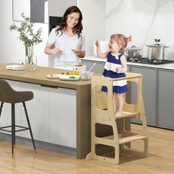 3-in-1 foldable kitchen standing tower for toddlers with chalkboard, natural wood step stool & weaning table