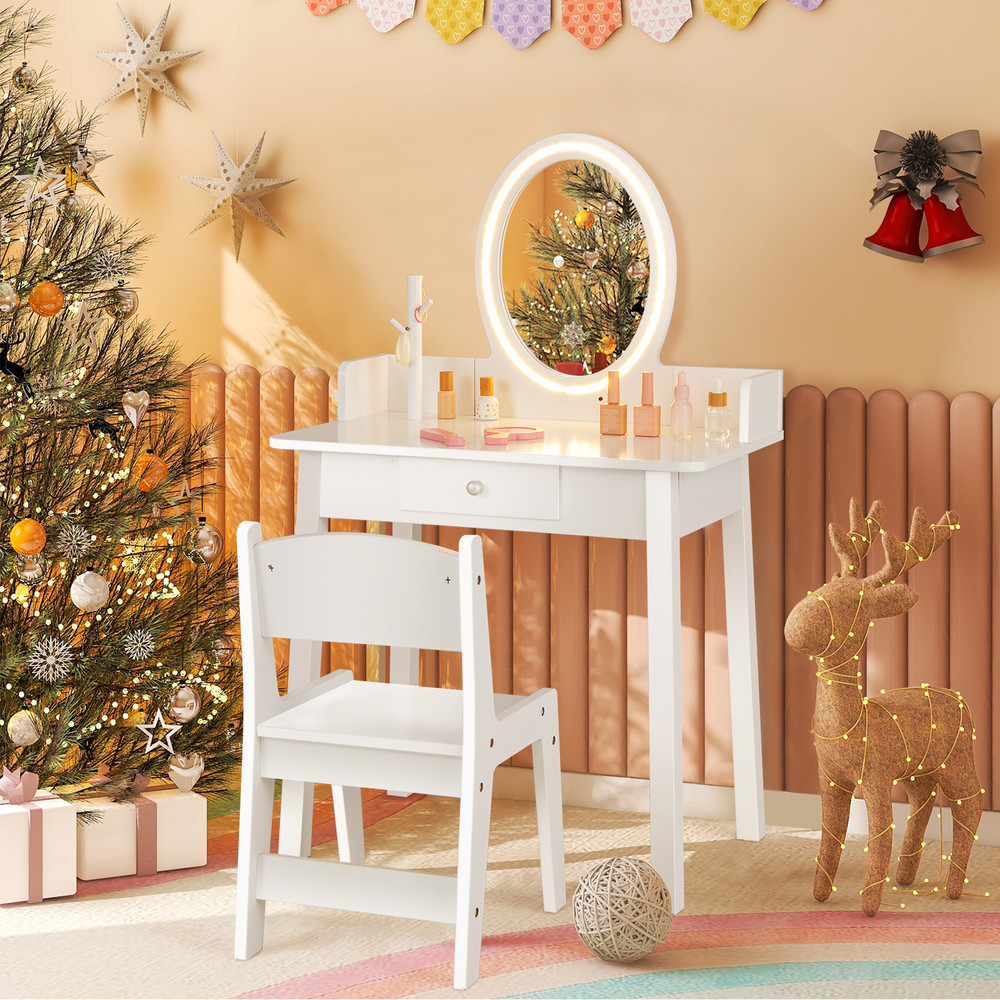 Kids Vanity Set with Lighted Mirror, White Dresser Desk for Girls