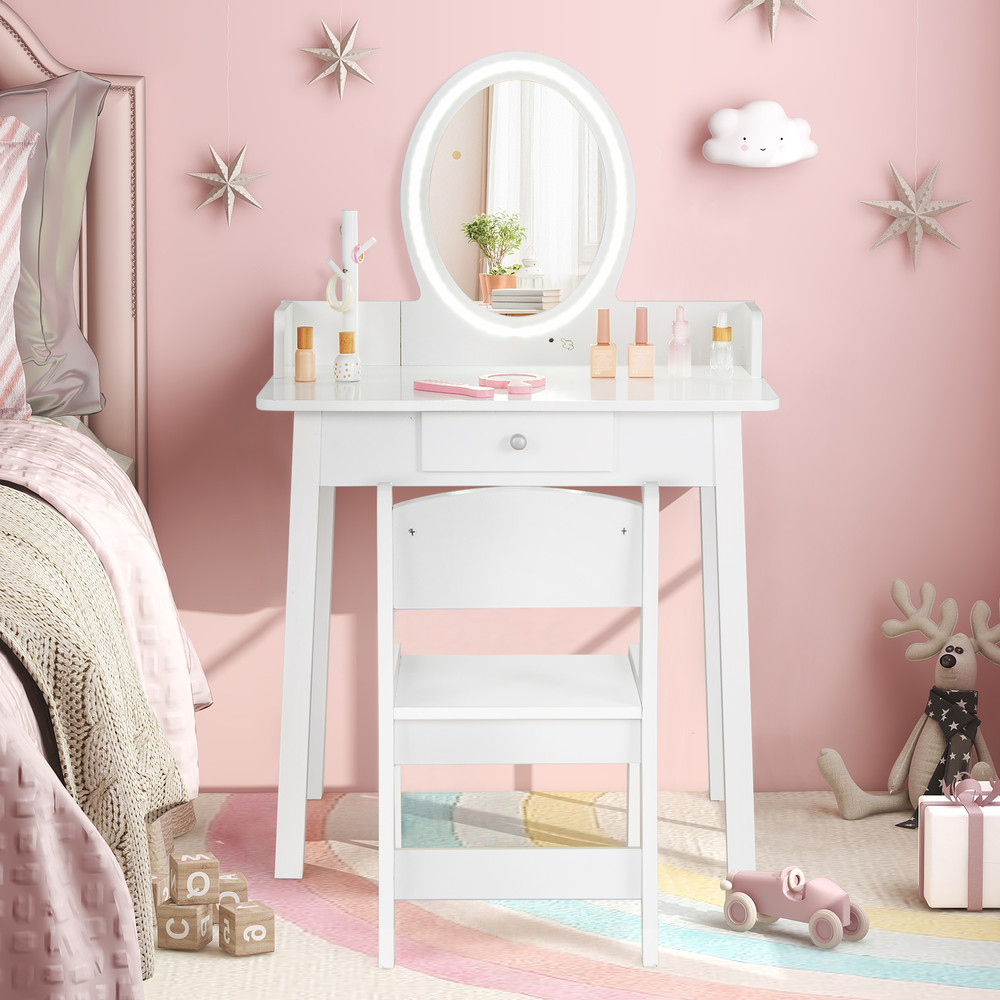 Kids Vanity Set with Lighted Mirror, White Dresser Desk for Girls