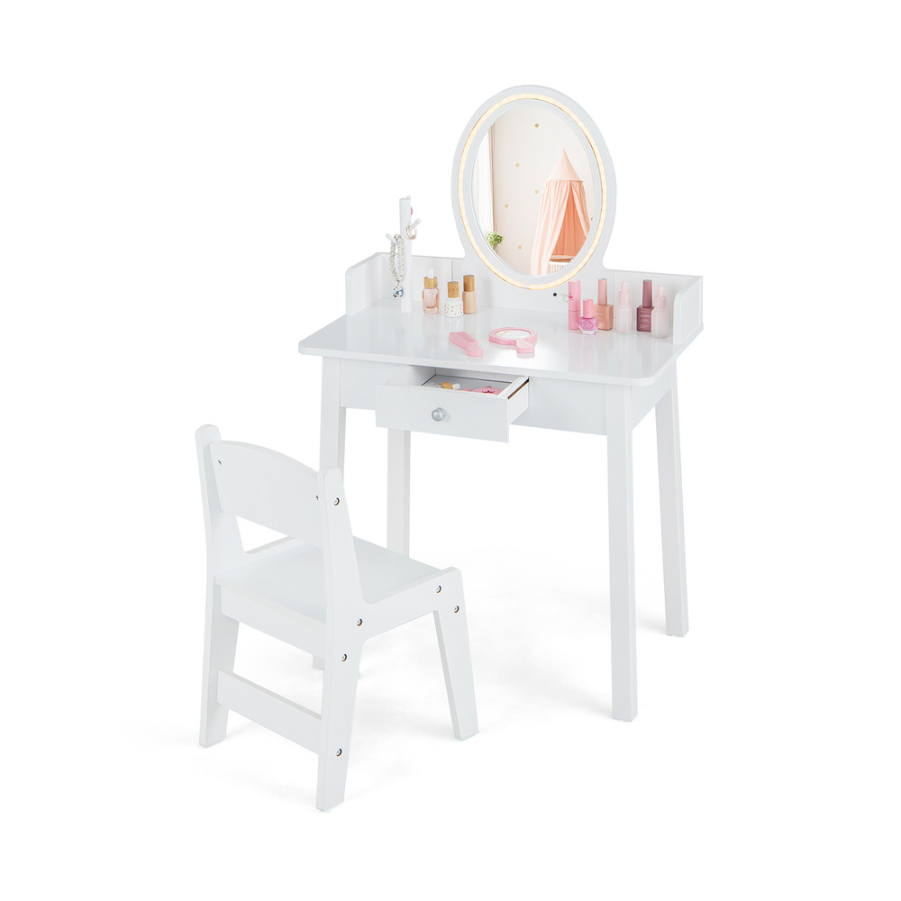 Kids Vanity Set with Lighted Mirror, White Dresser Desk for Girls