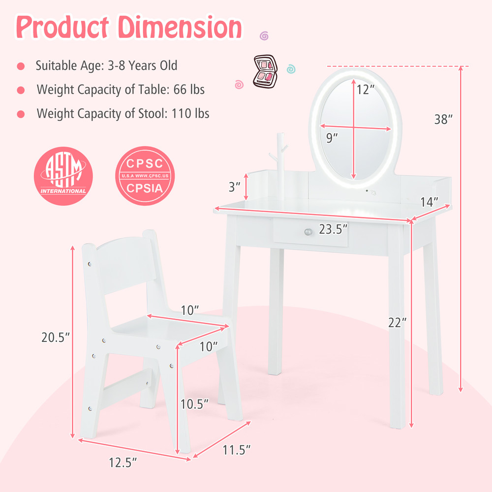 Kids Vanity Set with Lighted Mirror, White Dresser Desk for Girls
