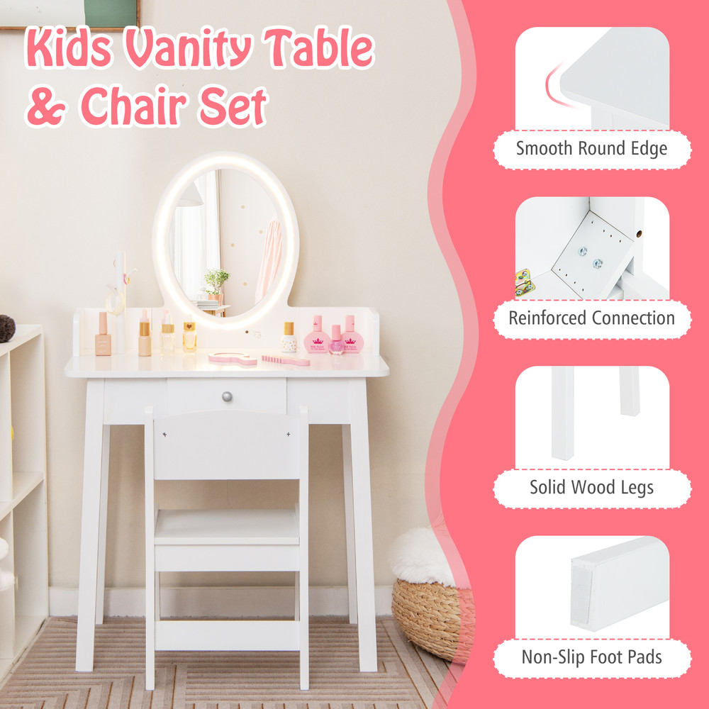 Kids Vanity Set with Lighted Mirror, White Dresser Desk for Girls