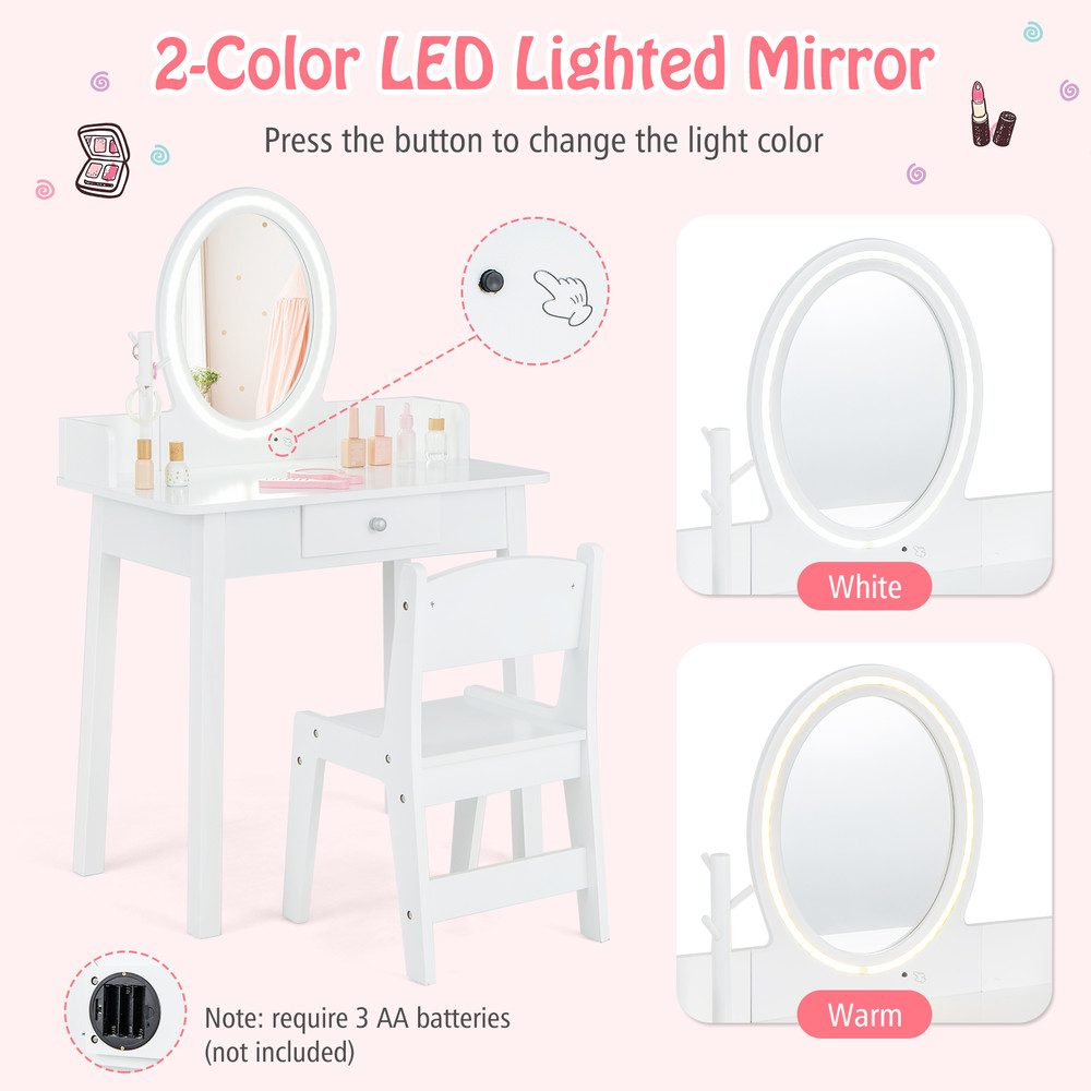 Kids Vanity Set with Lighted Mirror, White Dresser Desk for Girls