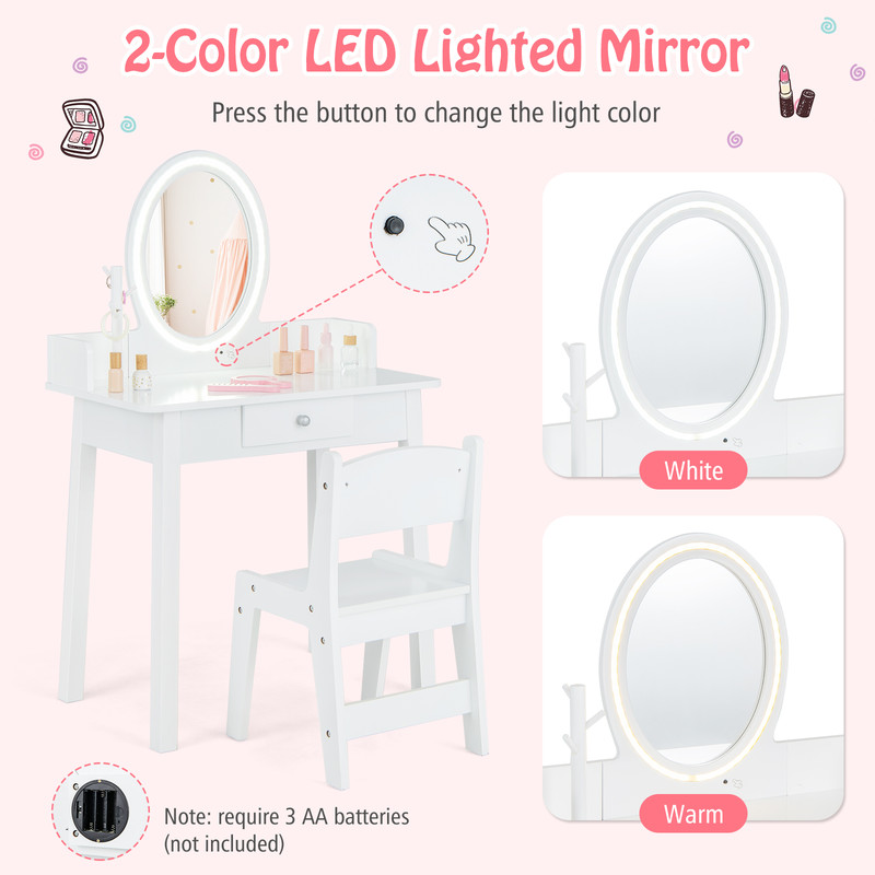 Kids Vanity Set with Lighted Mirror, White Dresser Desk for Girls