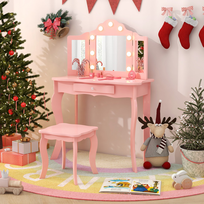 Kid Vanity Table Set With LED Mirror  Stool TriFold Mirror Makeup Desk With Drawer For Girls Dimmab 1