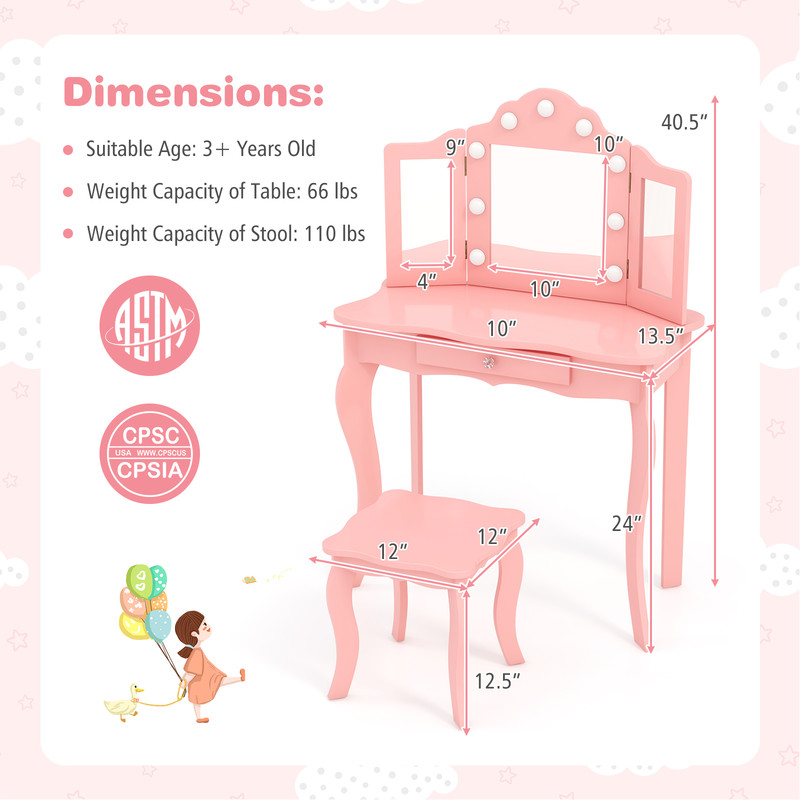Kid Vanity Table Set With LED Mirror  Stool TriFold Mirror Makeup Desk With Drawer For Girls Dimmab 7