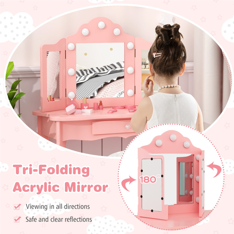 Kid Vanity Table Set With LED Mirror  Stool TriFold Mirror Makeup Desk With Drawer For Girls Dimmab 3