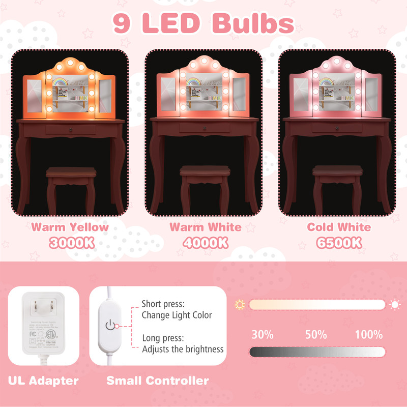 Kid Vanity Table Set With LED Mirror  Stool TriFold Mirror Makeup Desk With Drawer For Girls Dimmab 4