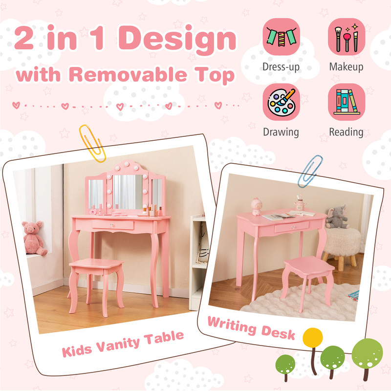 Kid Vanity Table Set With LED Mirror  Stool TriFold Mirror Makeup Desk With Drawer For Girls Dimmab 5