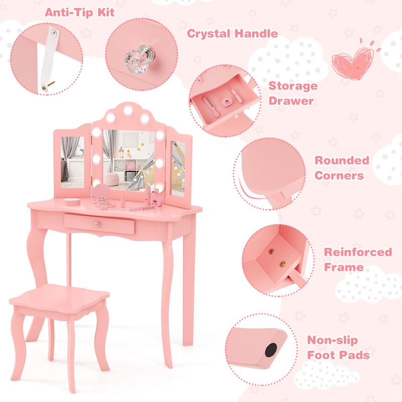 Kid Vanity Table Set With LED Mirror  Stool TriFold Mirror Makeup Desk With Drawer For Girls Dimmab 6