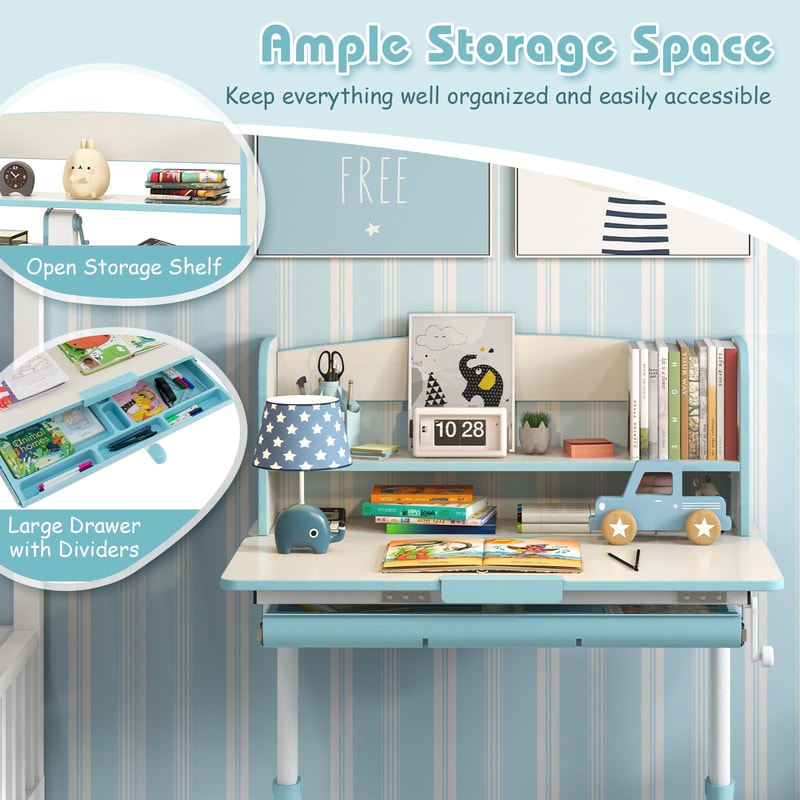 Ergonomic Height Adjustable Kids Study Desk With Tilt Desktop Storage Shelves Drawer Childrens Lea 3