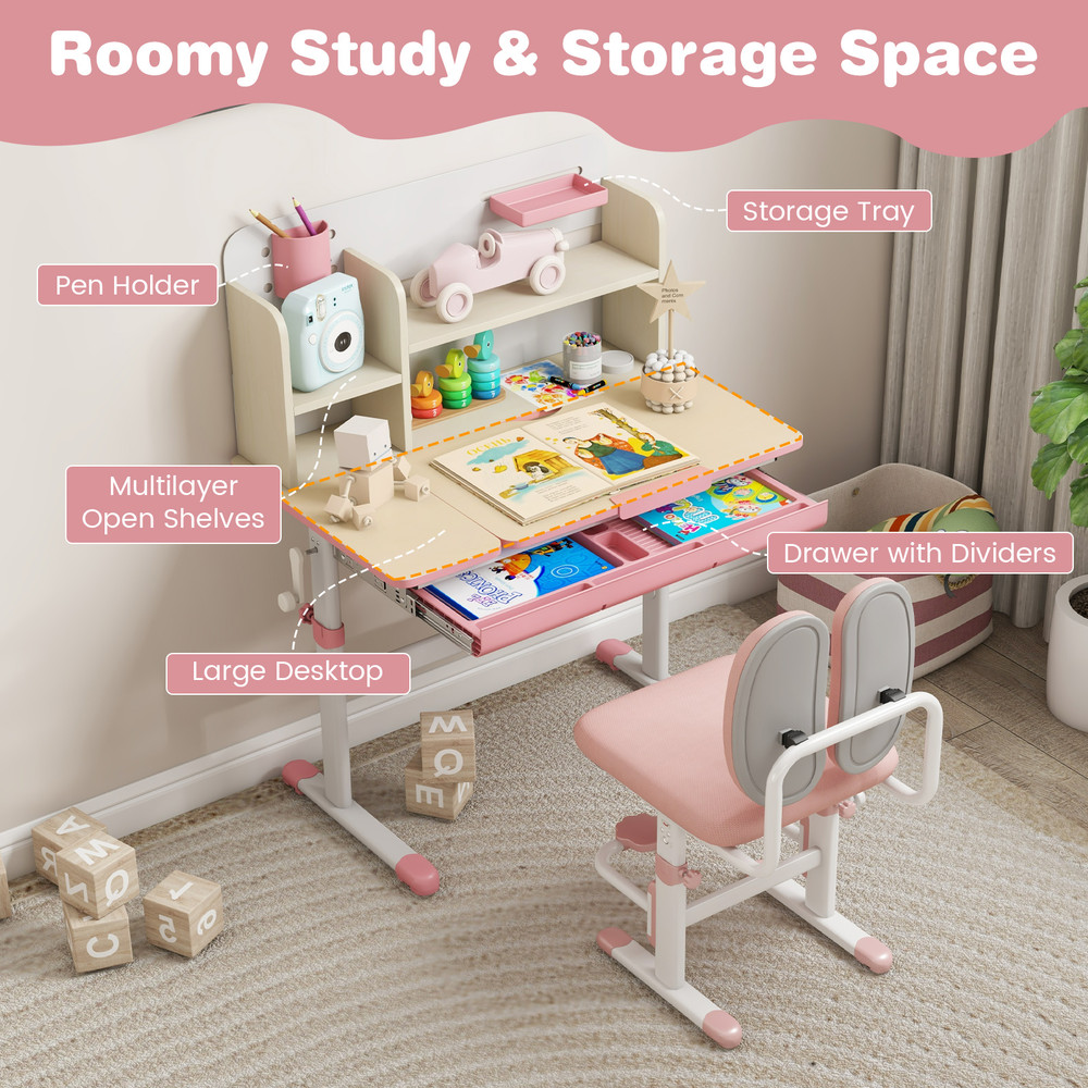 Ergonomic Height Adjustable Study Table And Chair Set For Kids School Home Learning Desk With Tilt 3
