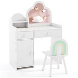 childrens vanity table and chair set, cloud mirror, storage drawers, and open shelf, makeup & study desk for girls