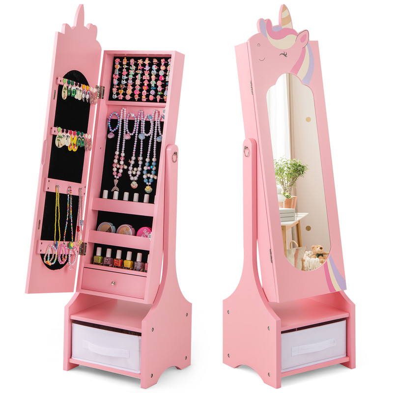 Adjustable Tilt Kids Jewelry Armoire Cabinet With Storage FullLength Mirror Ring Slots Necklace Hoo 0