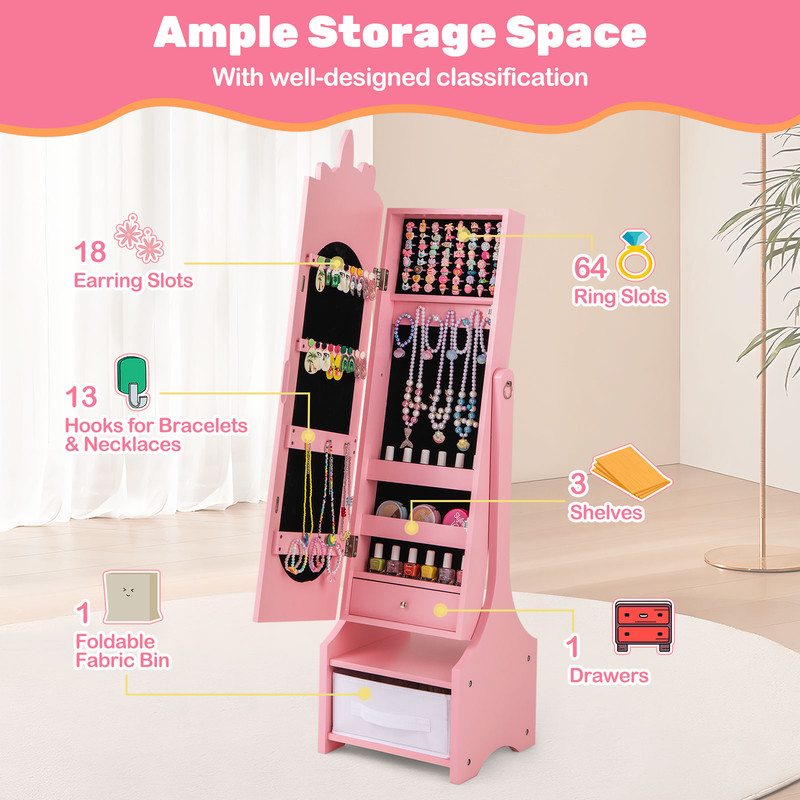 Adjustable Tilt Kids Jewelry Armoire Cabinet With Storage FullLength Mirror Ring Slots Necklace Hoo 4