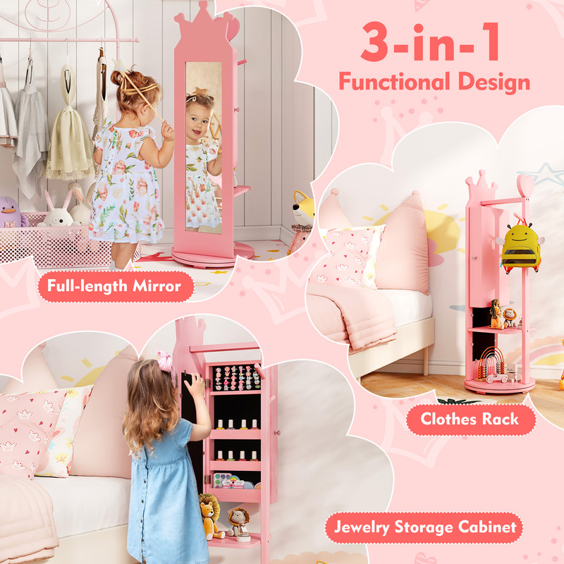 FreeStanding Full Length Mirror Kids Jewelry Armoire Cabinet With Rotating Base Storage Racks Full 4