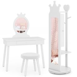 kids room furniture set, princess vanity table, stool & swivel mirror cabinet with storage drawer