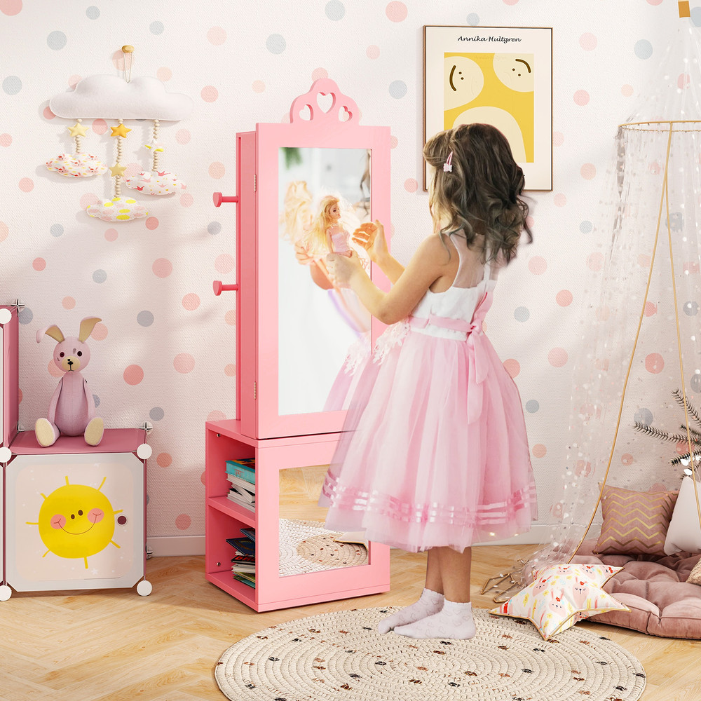 Freestanding Kids Jewelry Cabinet Armoire With Full Length Mirror  Clothes Rack Girls Storage Organ 2