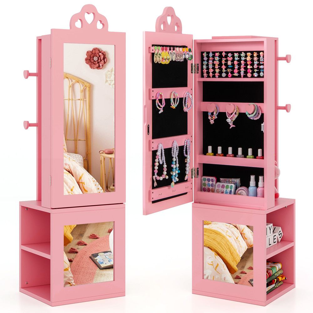 Freestanding Kids Jewelry Cabinet Armoire With Full Length Mirror  Clothes Rack Girls Storage Organ 7