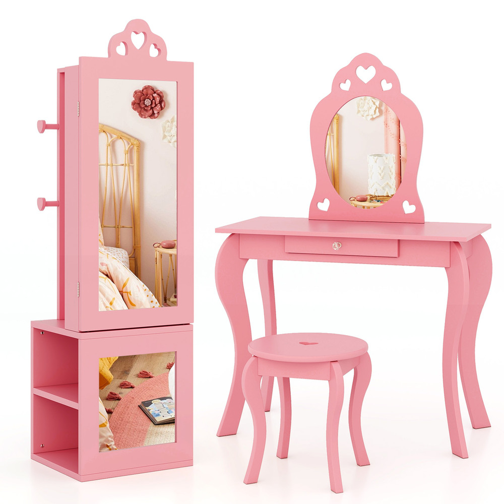 Freestanding Kids Jewelry Cabinet Armoire With Full Length Mirror  Clothes Rack Girls Storage Organ 0