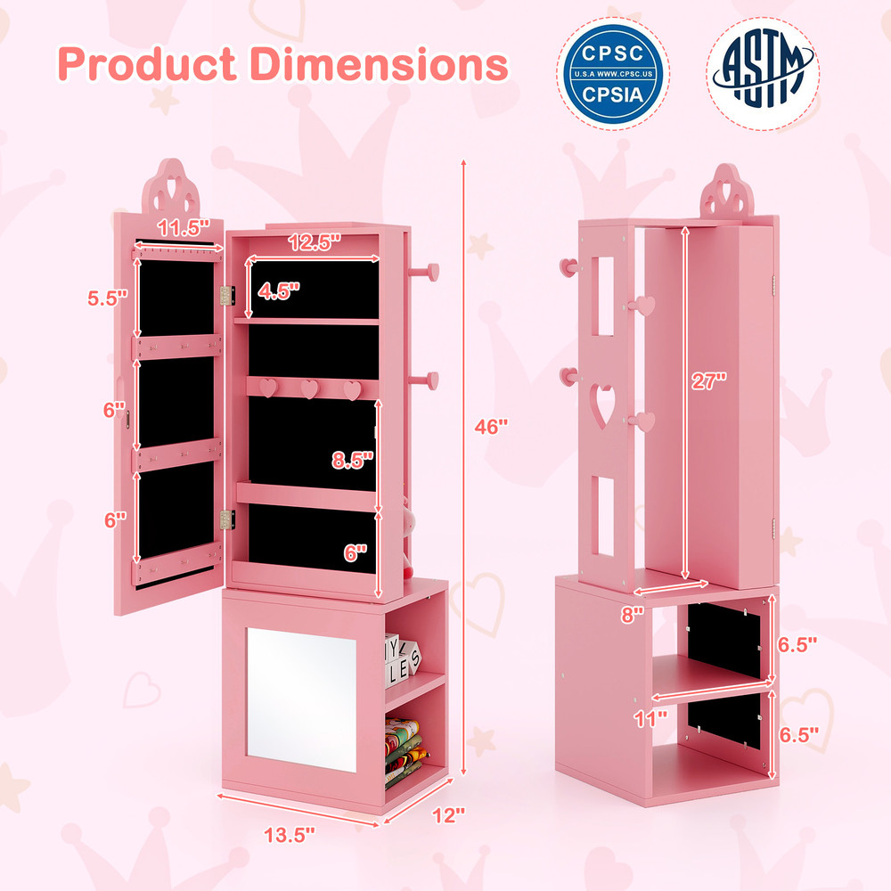 Freestanding Kids Jewelry Cabinet Armoire With Full Length Mirror  Clothes Rack Girls Storage Organ 6