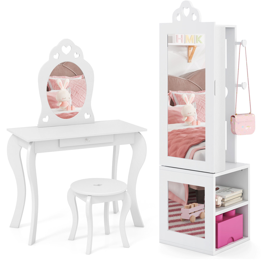 Princess Vanity Table And Stool Set With Mirror And Jewelry Cabinet Armoire Kids Freestanding FullL 0