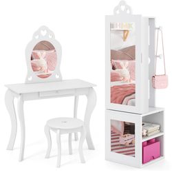 princess vanity table and stool set with mirror and jewelry cabinet armoire, kids freestanding full-length mirror